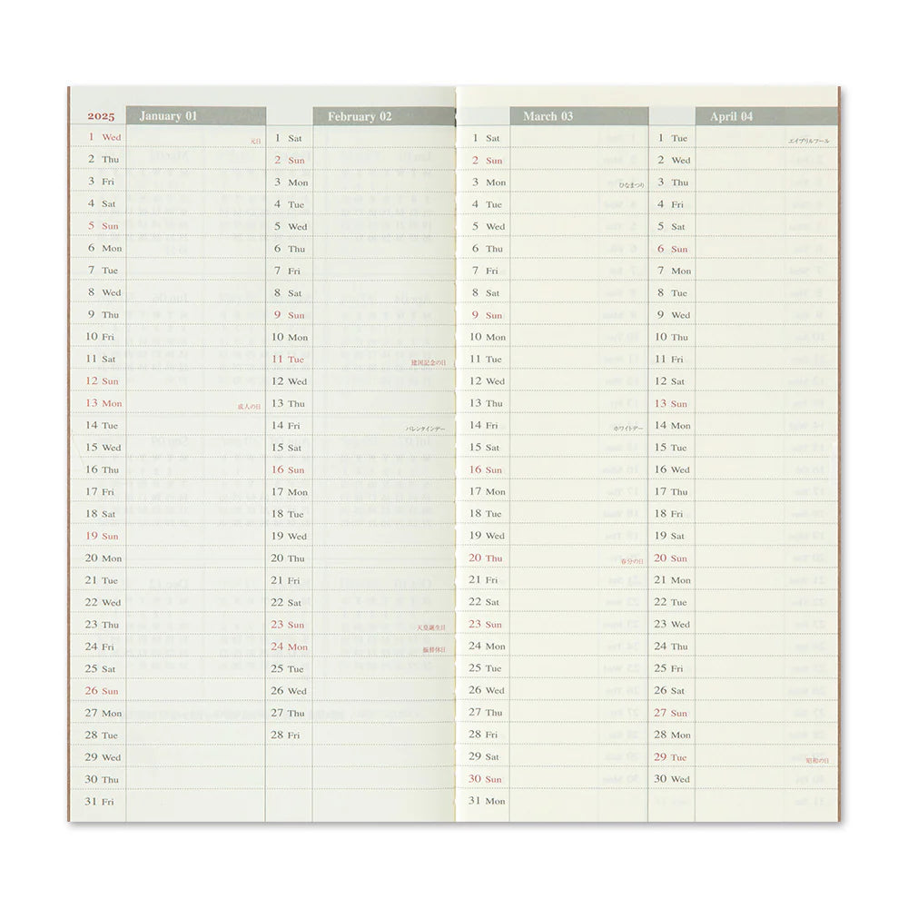 Traveler's Company - Traveler's Notebook Kalender 2025 - Wöchentlich (vertikal)