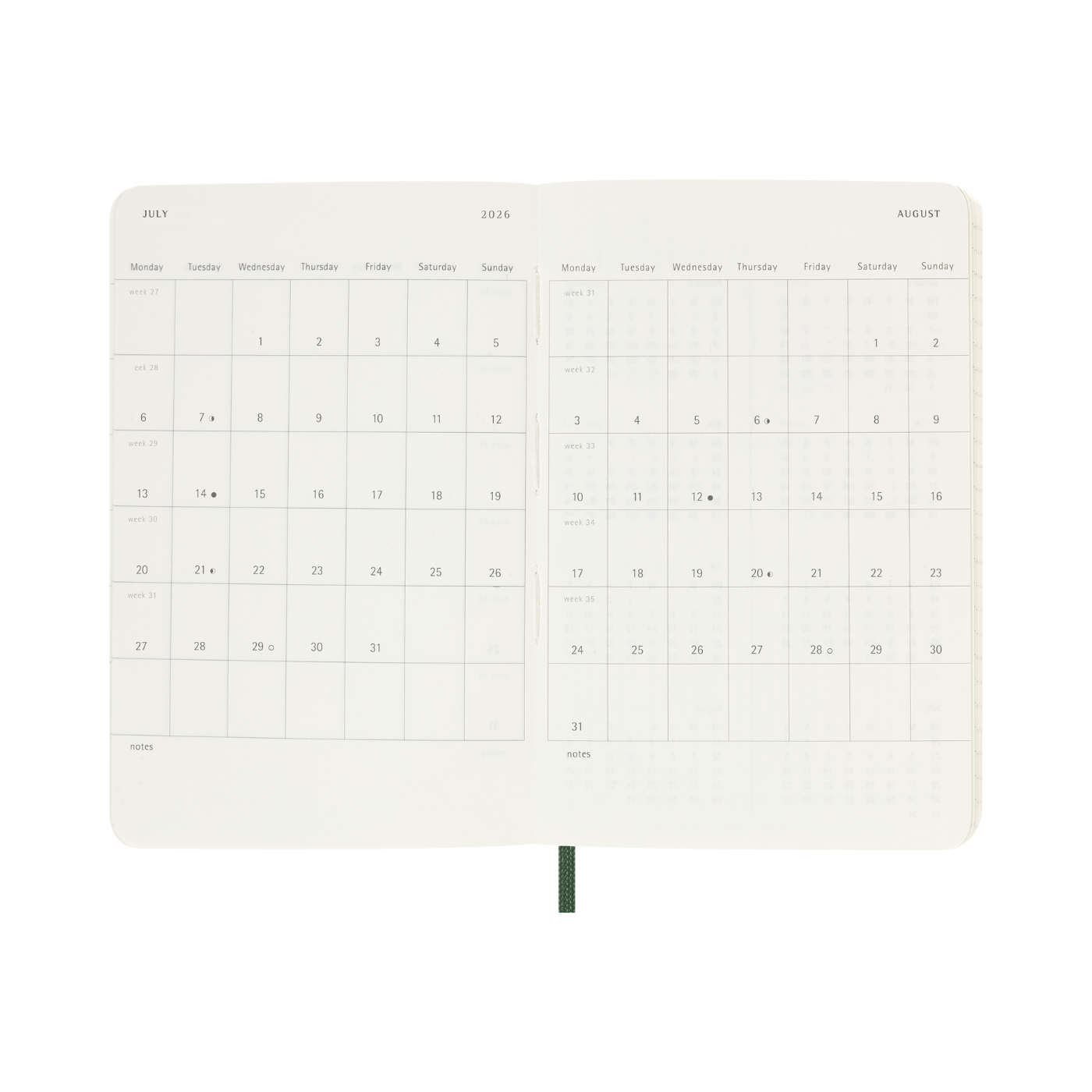 Moleskine Kalender Soft 12M Week Note Pocket Myrtle Green 2026
