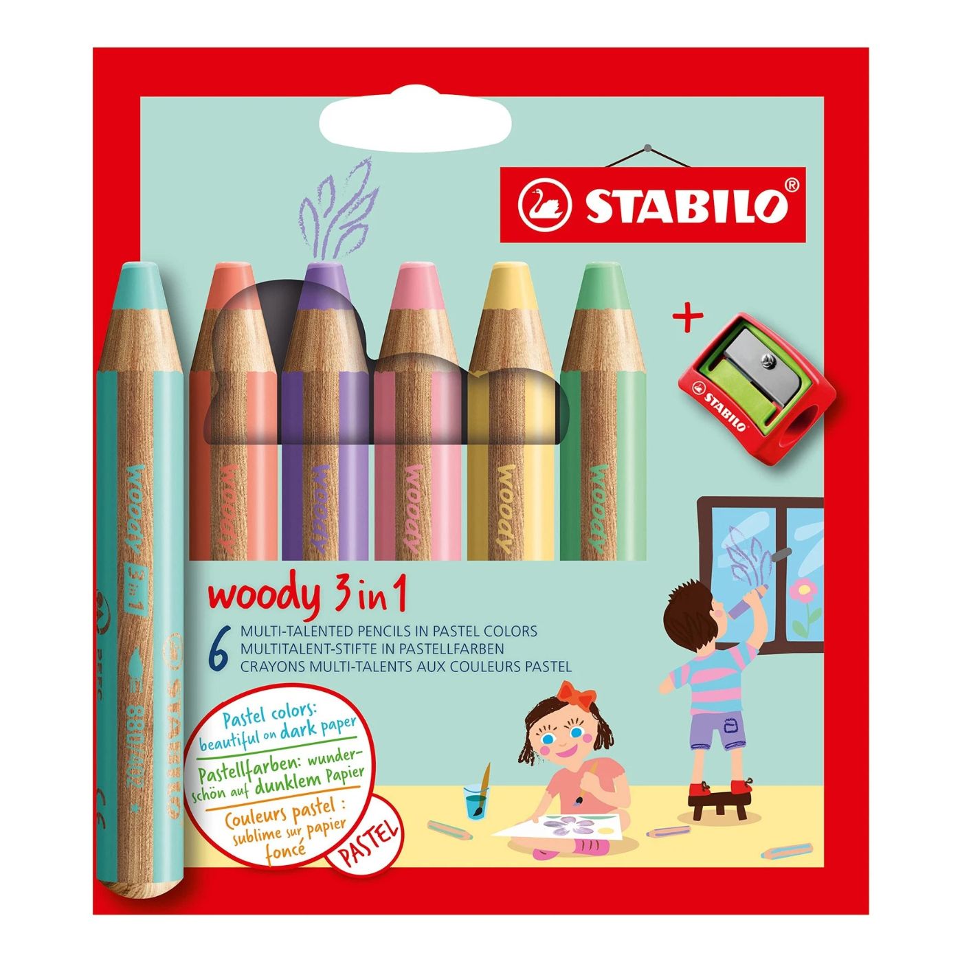 Stabilo Woody 3 in 1 pastel farveblyant sæt 6 stk inkl. spidser